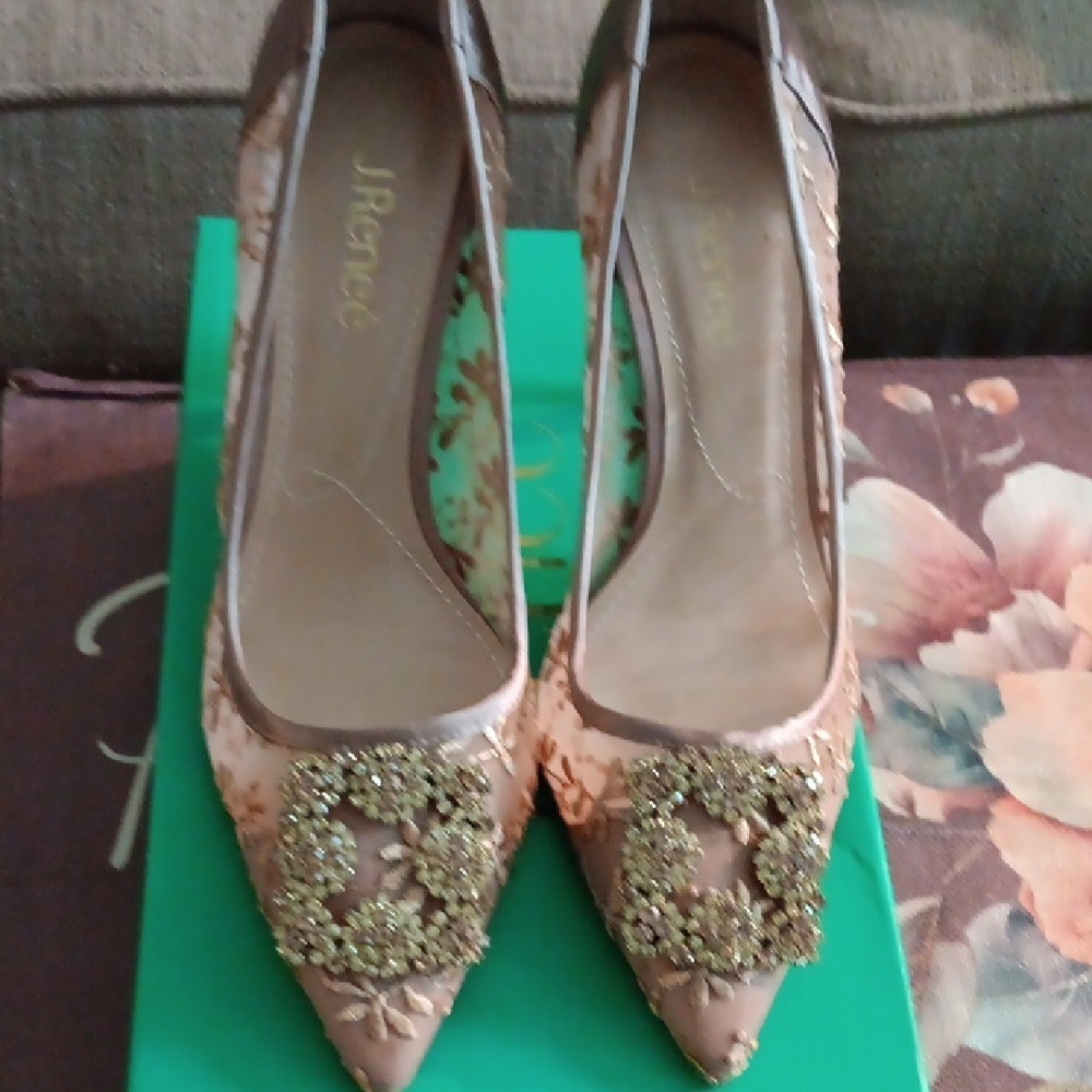 J.Renee Tan Lace Heels with Ornate Crystal Embellishments